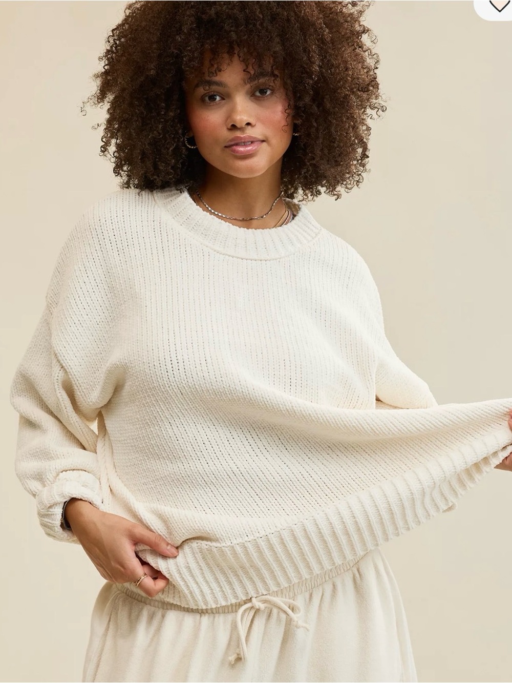 aerie Cream Ribbed Crewneck Sweater